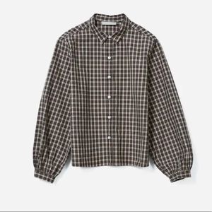 everlane organic cotton prep shirt in tan plaid